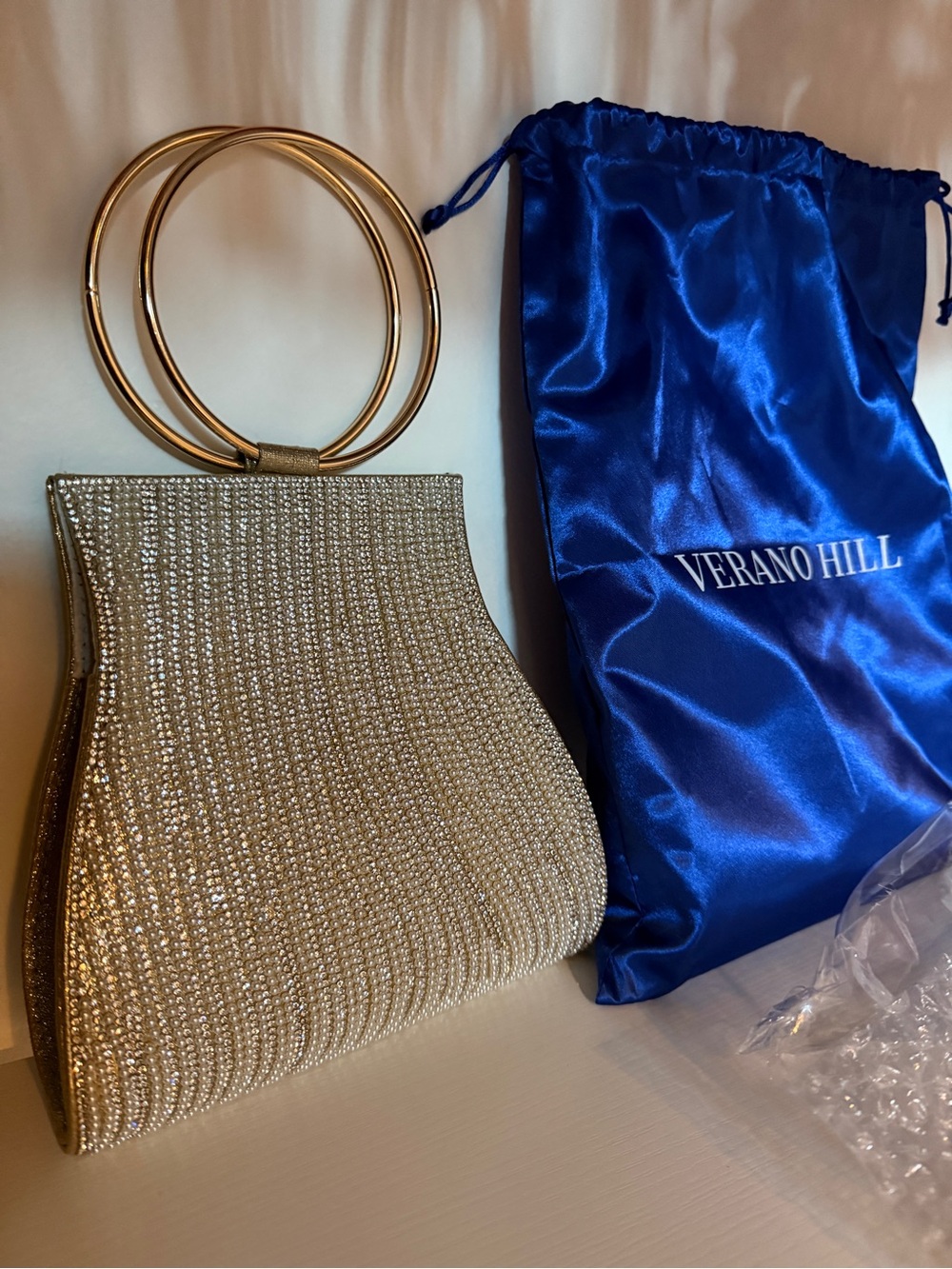 Verano Hill Gold Crystal Ring-Handle Evening Clutch